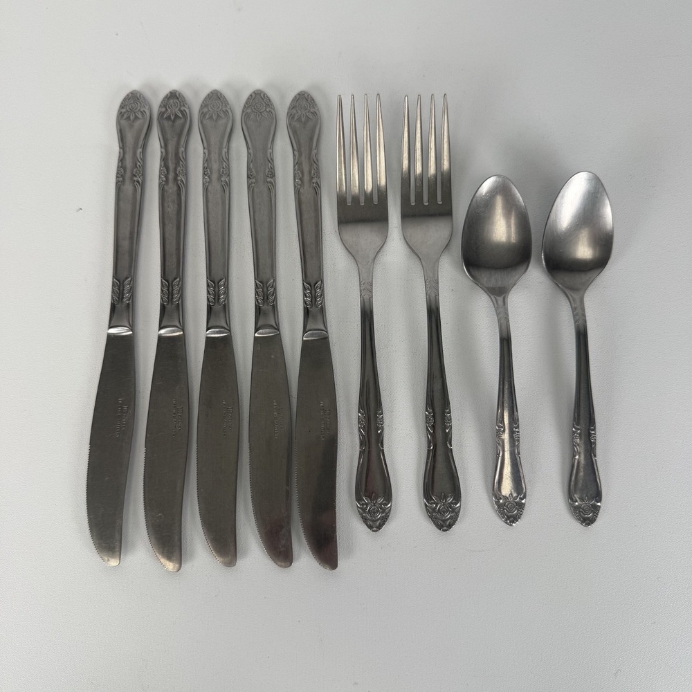 Vintage Golden‎ Lifetime Cutlery Stainless Steel Floral Rose Set of 9 Flatware